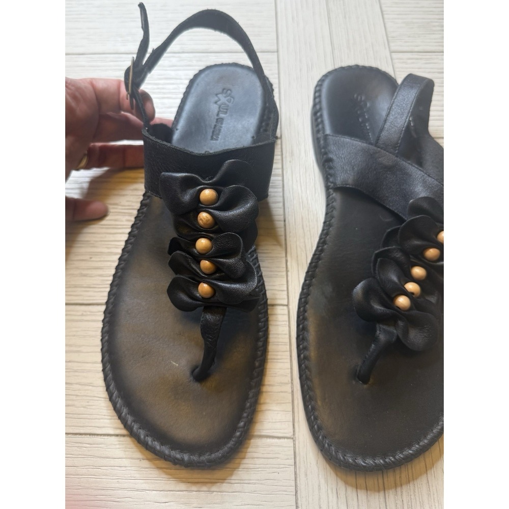 Soul of Africa Sz 11 Black Leather Flower Ruffle Bow Flat Sandals W/ Ankle Strap